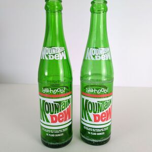 Set of 2 Vintage Mountain Dew Ya-hooo! ACL 10oz Green Glass Soda Bottles 1970s